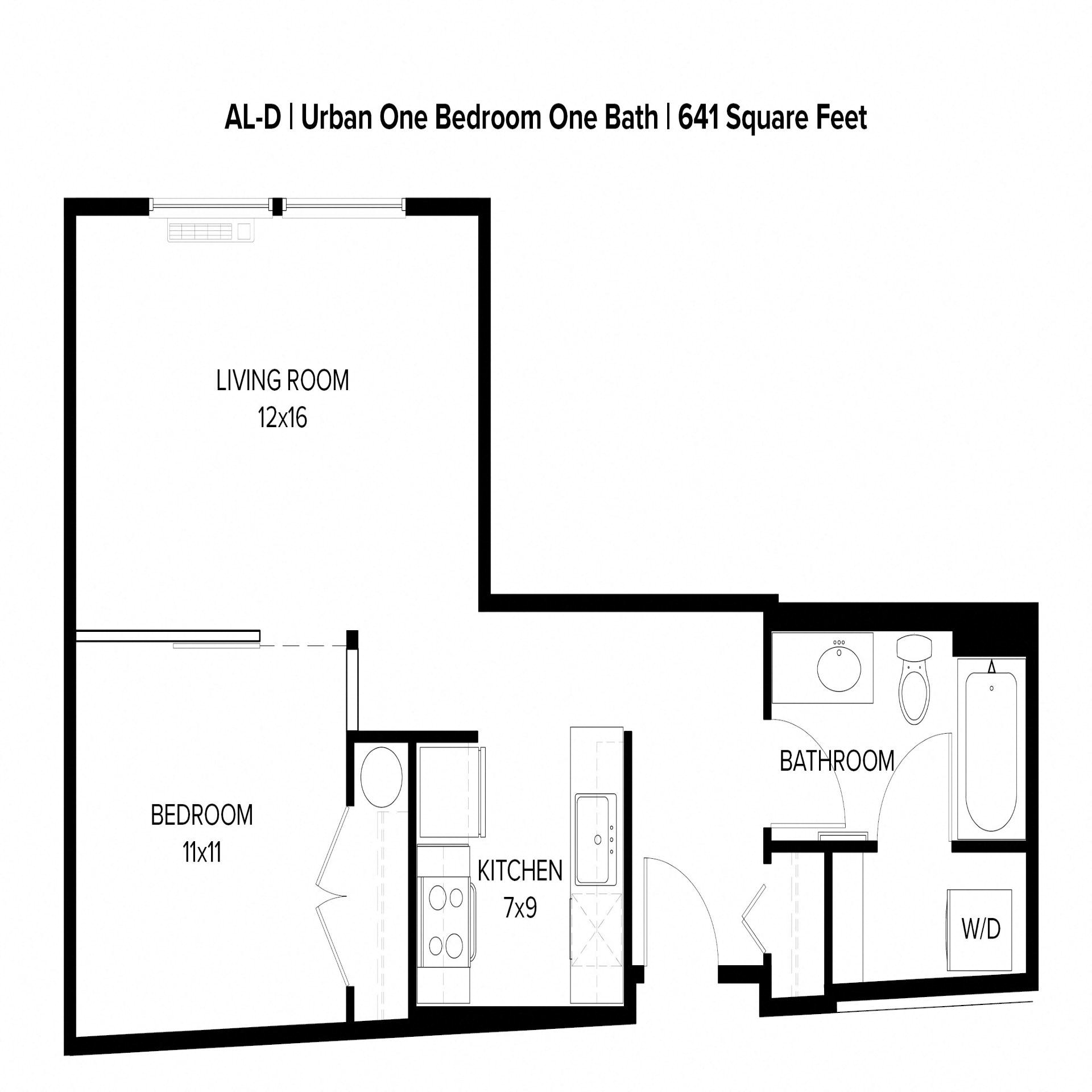 Floor plan for 1 bed, 1 bath, 641 sqft